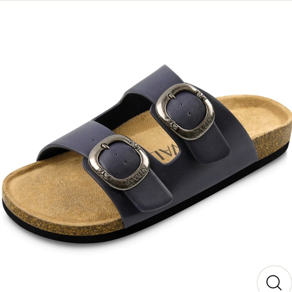 Fitvalen Women 2 Strap Adjustable Cork Footbed Flat Slide Sandals - Picture 1 of 6